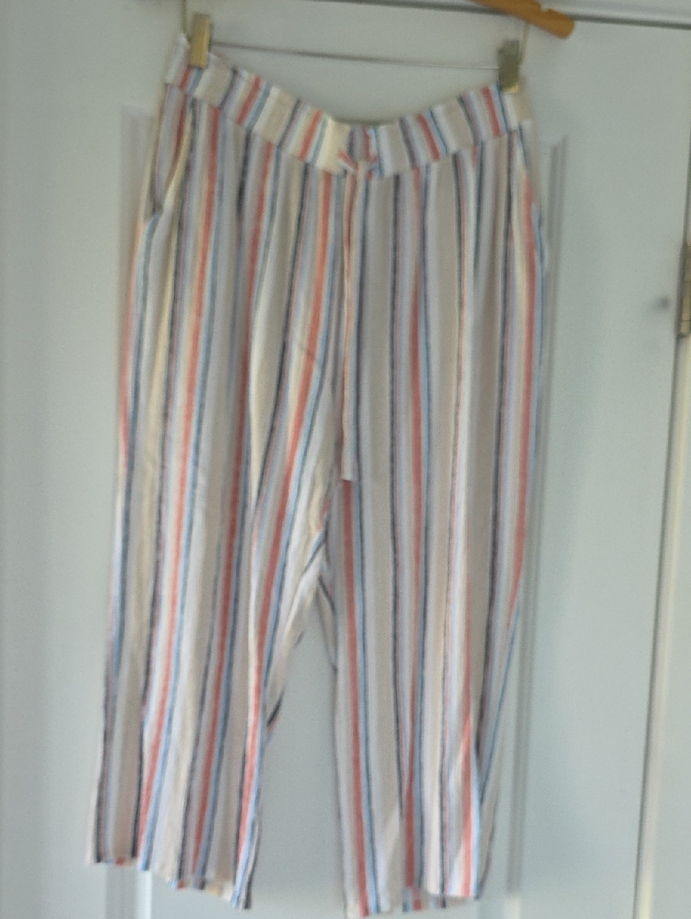 Striped Wide-Leg Rayon Capris Pants - Cream with Multicolor Stripes